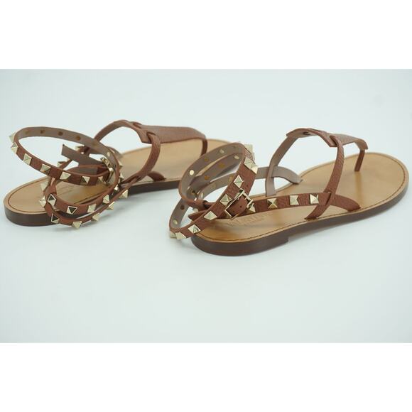 Valentino Rockstud brown Leather Ankle Strap Flat Thong Sandals Size 36 NIB $895 - Picture 2 of 12